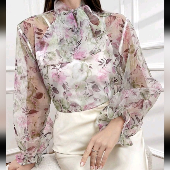 Ladies' Elegant Floral Print Tie Neckline Blouse For Spring And Autumn - Picture 4 of 5